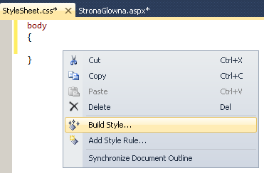 Zadanie 5. Arkusz stylów. 1. Dodajemy nowy element - PPM - Add New Item... Wybieramy Style Sheet 2. Powstanie nowy plik w głównym katalogu 3.