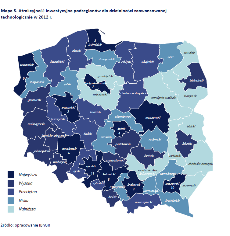 atrakcyjność inwestycyjna regionu dla działalności usługowej Mapa 2. Atrakcyjność inwestycyjna podregionów dla działalności usługowej w 2012 r.