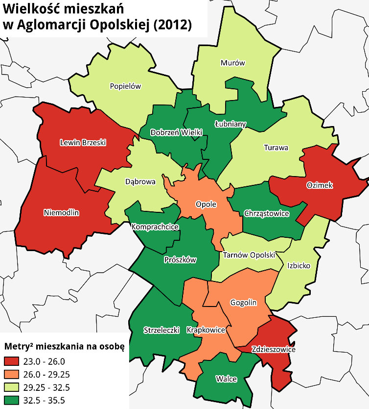 Rys. 33. Średni metraż mieszkania przypadający na jedną osobę w Aglomeracji Opolskiej w 2012 roku Źródło: opracowanie własne na podstawie Banku Danych Lokalnych GUS Rys. 34.