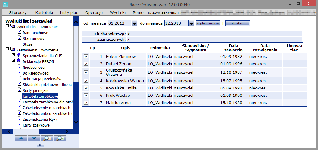 Płace Optivum. Jak wydrukować kartoteki zarobkowe pracowników? 6/10 4. Kliknij przycisk wybór umów. 5.