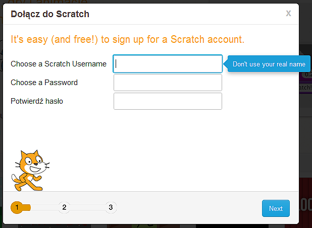 Otwórz dowolną przeglądarkę internetową i w wyszukiwarkę wpisz ""Scratch". Jak zacząć? Zazwyczaj to pierwsza strona z wyników wyszukiwania: www.scratch.mit.edu kliknij i gotowe!