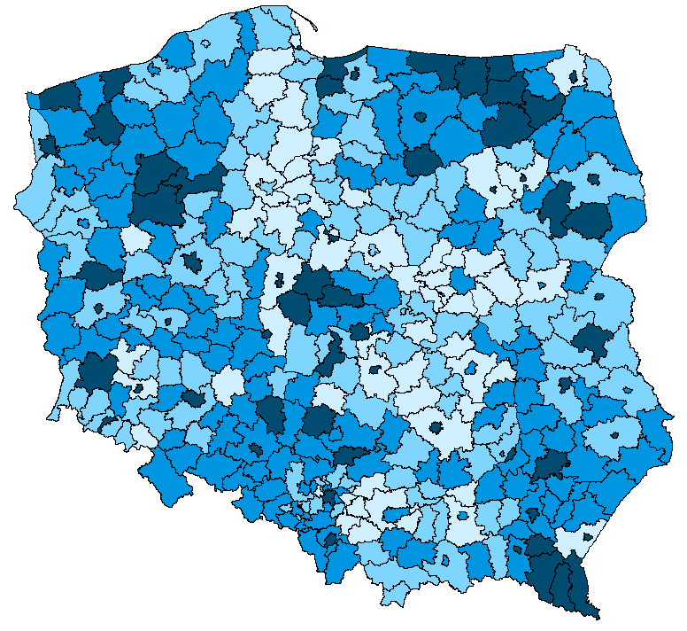 Mapa 3. Liczba porad ambulatoryjnych na 1 mieszkańca według powiatów Źródło: Zdrowie i ochrona zdrowia w 2012 r., GUS Tabela 46.