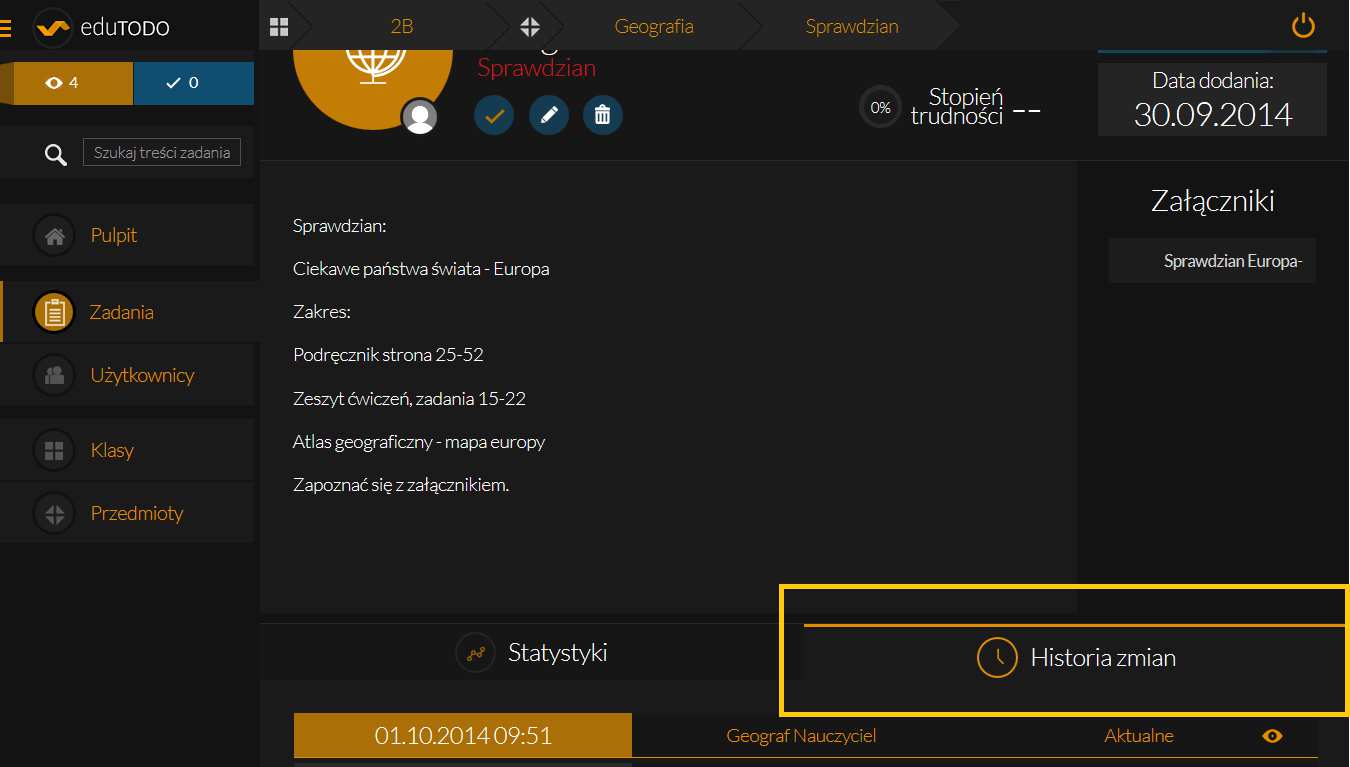 Powyższe czynności spowodują wyświetlenie ekranu zadania klasowego, na którym klikamy ikonę edycji zadania.