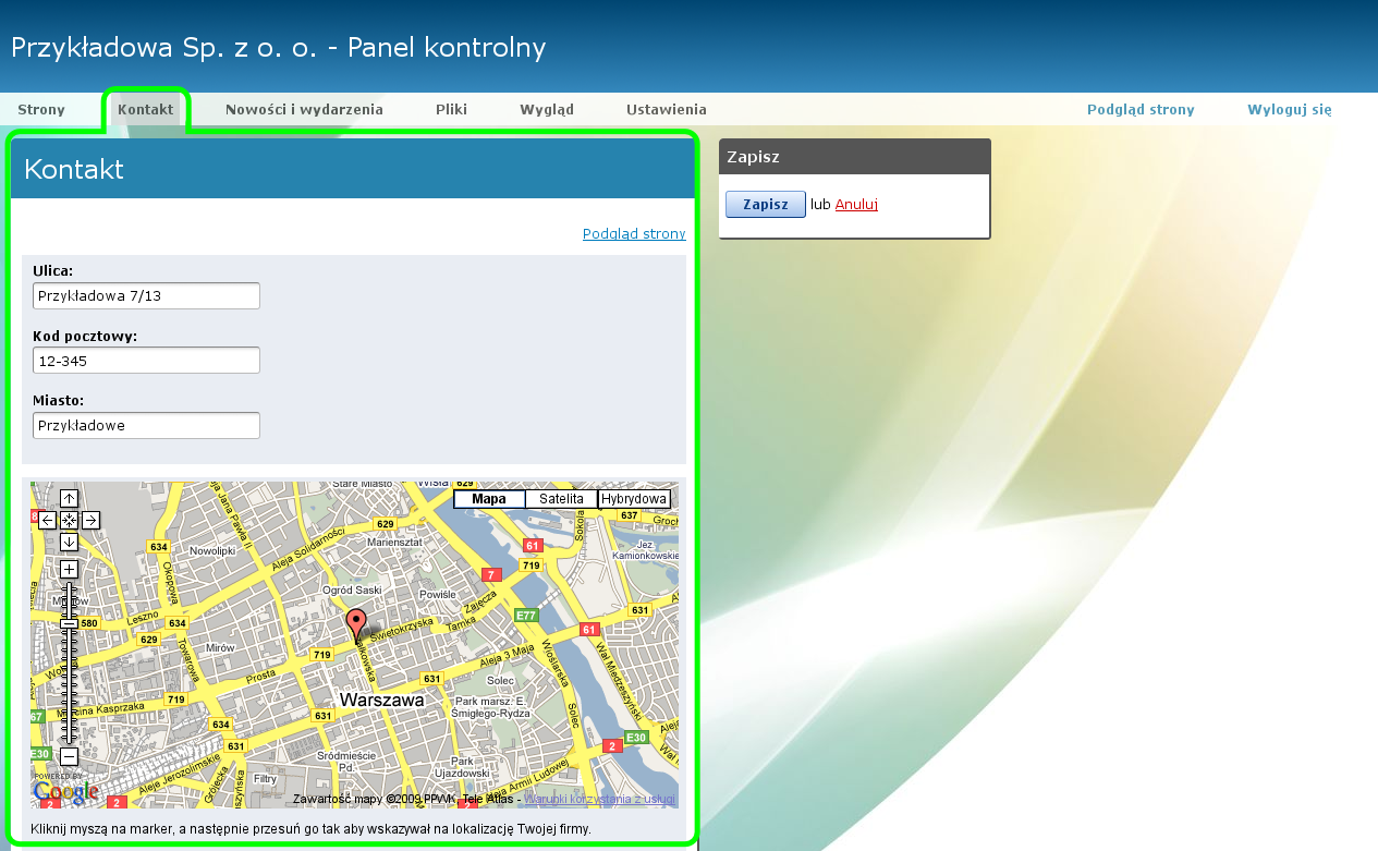 4. Moduł Kontakt Moduł Kontakt jest pozwala na edytowanie strony kontaktowej firmy przez podanie adresu, telefonów, e-maili a w szczególności pozwala dodać do mapę dojazdową Google Maps.