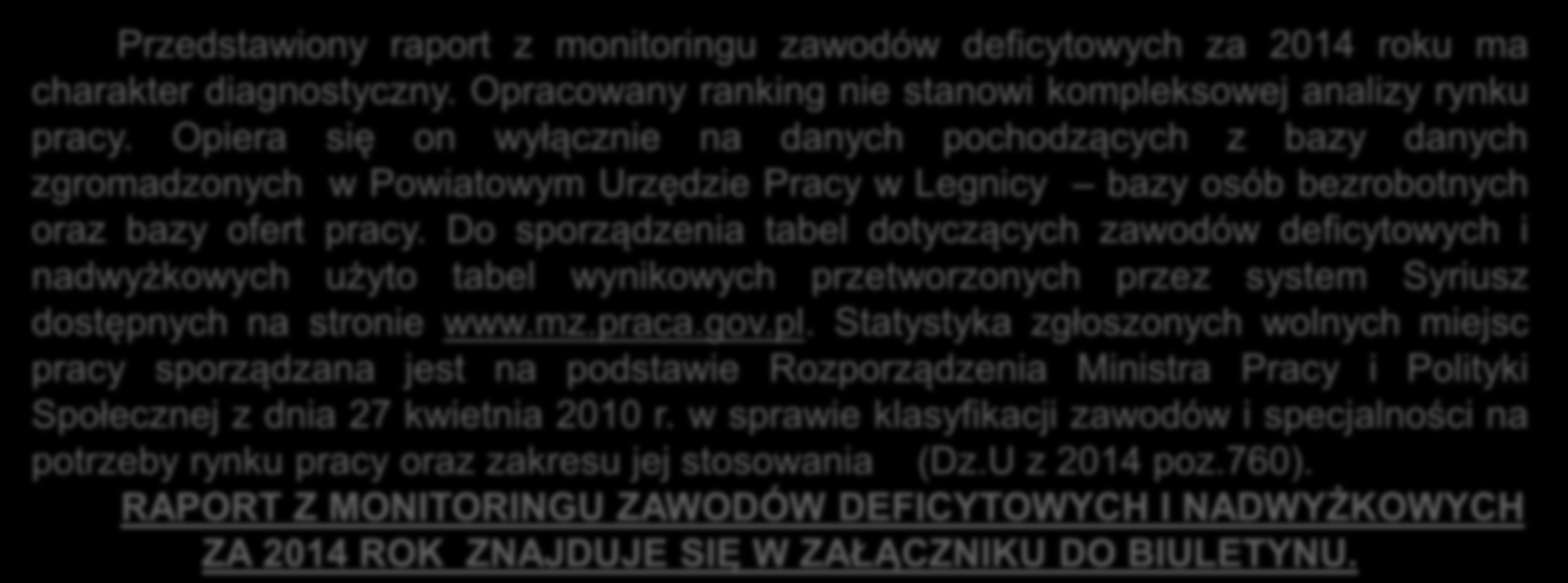 AKTUALNOŚCI: MONITORING ZAWODÓW DEFICYTOWYCH I NADWYŻKOWYCH ZA 2014 ROK Pod pojęciem monitoringu zawodów deficytowych i nadwyżkowych należy rozumieć proces systematycznego obserwowania zjawisk