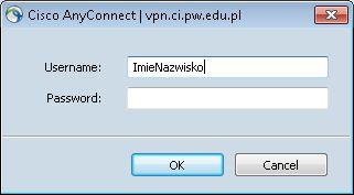 Jeśli jest tam puste pole należy uzupełnić i kliknąć przycisk Connect: 3. Należy wprowadzić swój login (username) i hasło ustawione w pkt 2.5. 4.