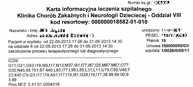 Obsługa pacjenta na oddziale Zmiana łóżka, sali lub lekarza prowadzącego realizowana w ramach przenosin wewnątrzoddziałowych Łóżko A1.2 Łóżko B1.