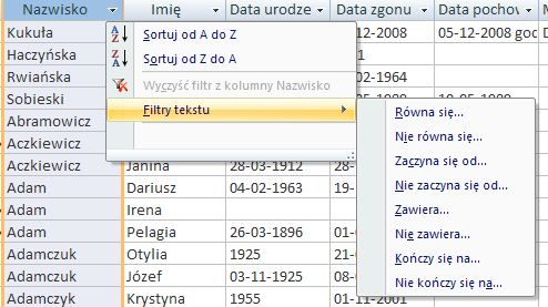 Sposób dostępu do danych NEKROorganizer STANDARD wersja 3.0 zarządza informacjami w przejrzysty i wygodny tabelaryczny sposób. Podstawowe i pełne informacje dostępne są w postaci tabelarycznych list.