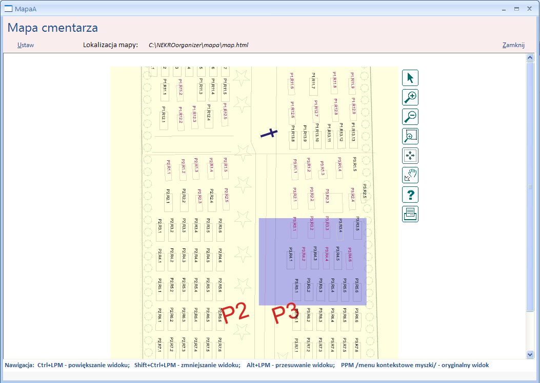 Mapa wektorowa cmentarza Oprogramowanie NEKROorganizer STANDARD wersja 3.0 umożliwia poprzez edytor graficzny - prezentację map w formacie wektorowym w technologii.