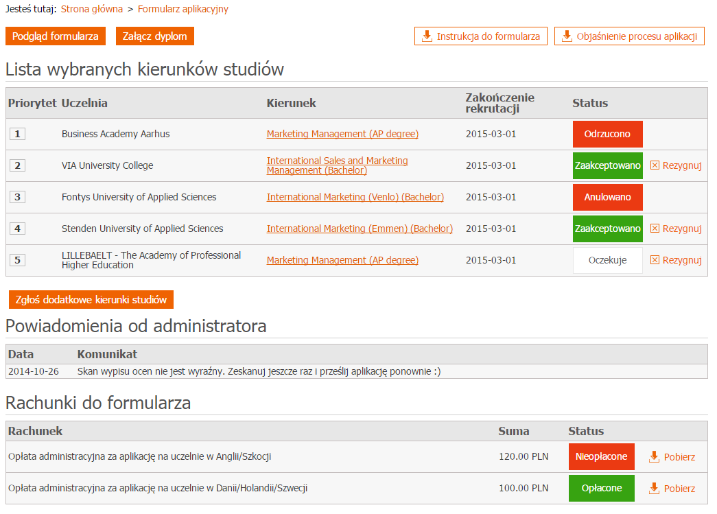 4. Status aplikacji Po pozytywnej weryfikacji wysłanego formularza przez konsultantów Kastu, możesz śledzid na liście wybranych kierunków, ich status.