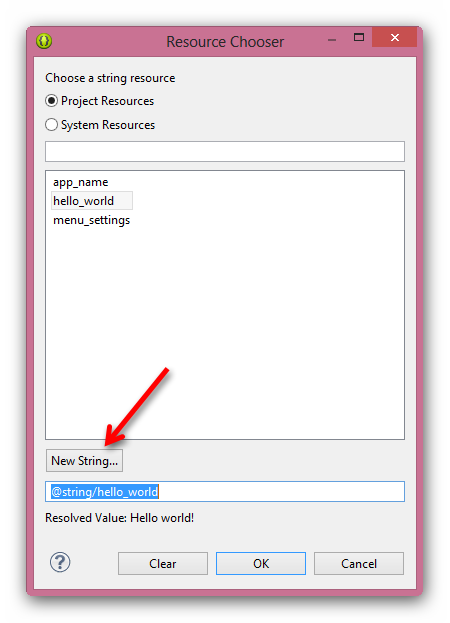 W oknie, które się pojawi, zobaczysz łańcuchy zdefiniowane już na etapie tworzenia szkieletu aplikacji. Jest wśród nich hello_world. Utwórz nowy łańcuch klikając przycisk New String.