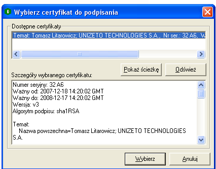 W tym momencie rozpoczęty zostanie proces składania podpisu elektronicznego pod aneksem do umowy o świadczenie usług certyfikacyjnych. W pierwszej kolejności zapoznaj się z treścią aneksu.