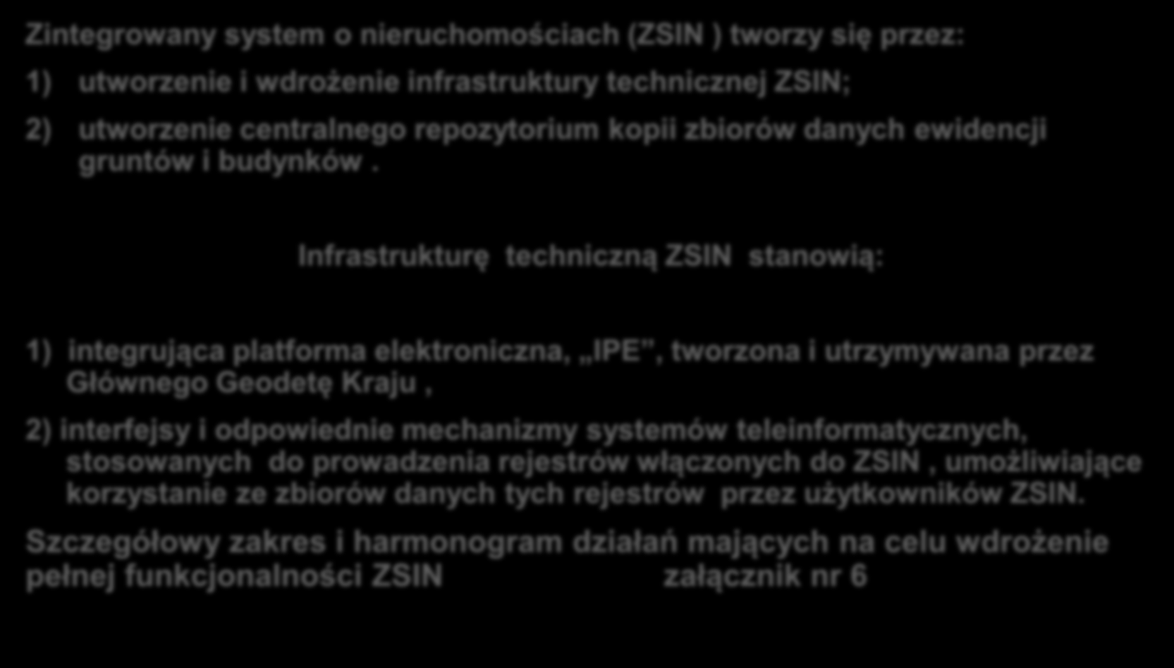 Zintegrowany system o nieruchomościach (ZSIN ) tworzy się przez: 1) utworzenie i wdrożenie infrastruktury technicznej ZSIN; 2) utworzenie centralnego repozytorium kopii zbiorów danych ewidencji