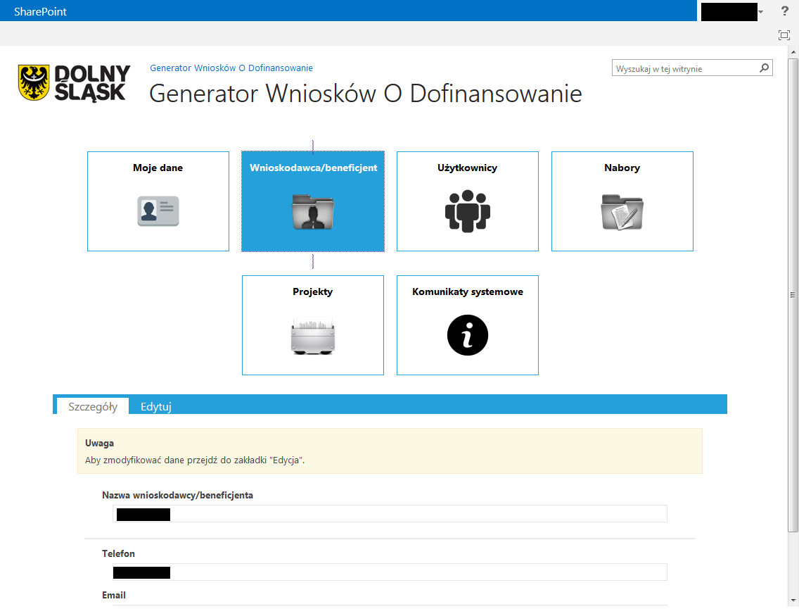 Pierwszy użytkownik wnioskodawcy, administrator wnioskodawcy, ma możliwość edycji danych wnioskodawcy po wybraniu Edytuj.