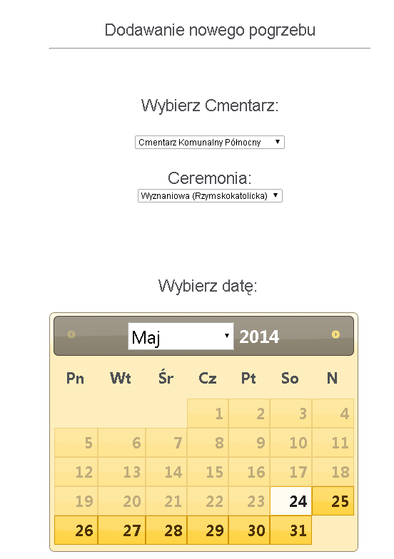 Rejestracja Pogrzebu Aby dokonać rejestracji pogrzebu, należy w pierwszej kolejności z listy rozwijalnej wybrać cmentarz, a następnie typ ceremonii.