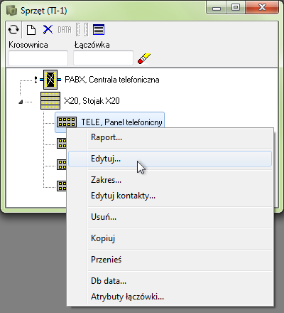 Edycja danych panela W oknie dialogowym Sprzęt: na panelu TELE kliknij prawym