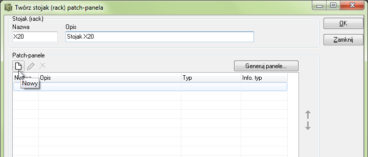 2) Wybierz Nowe pole krosowe => Dodaj szafę (dla patch-paneli/elem.