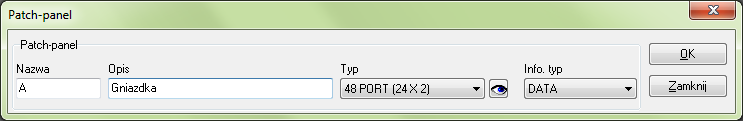 6) Otwiera się okno dialogowe Patch-panel, w którym wypełnij pola tak jak przedstawiono poniżej: PANELE DLA TELEFONÓW W POLU INFO TYP MUSZĄ MIEĆ = TELE PANELE Z GNIAZDKAMI MUSZĄ MIEĆ INFO TYP = DATA