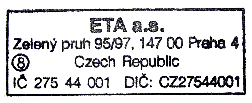 CE DECLARATION OF CONFORMITY The manufacturer (authorised representative): ETA a. s., Zelený Pruh 95/97, 147 00 Praha 4 Braník, Company Identification No.