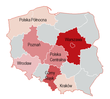 On Point Rynek powierzchni magazynowych w Polsce 2014 11 Analiza regionów Tradycyjny podział rynku na pięć regionów może wkrótce ulec zmianie. Udany rok Wrocławia i Poznania. Pod koniec 2014 r.