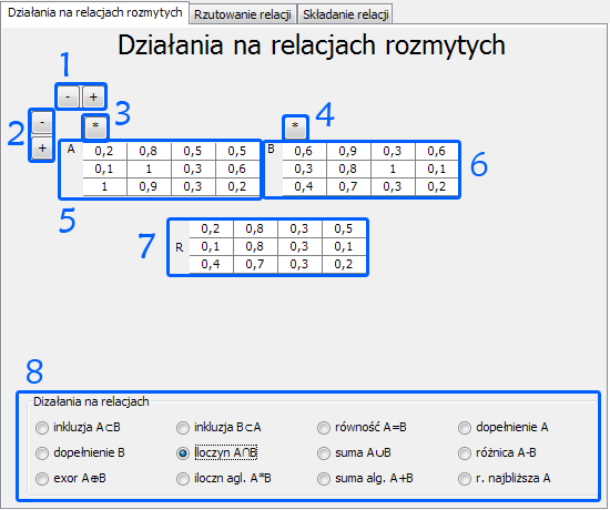 3.5 Aplet Działania na relacjach rozmytych 14 oraz relacja zwykła najbliższa relacji rozmytej. Relacje A, B i R mają takie same wymiary, aby było możliwe wykonanie w/w działań.