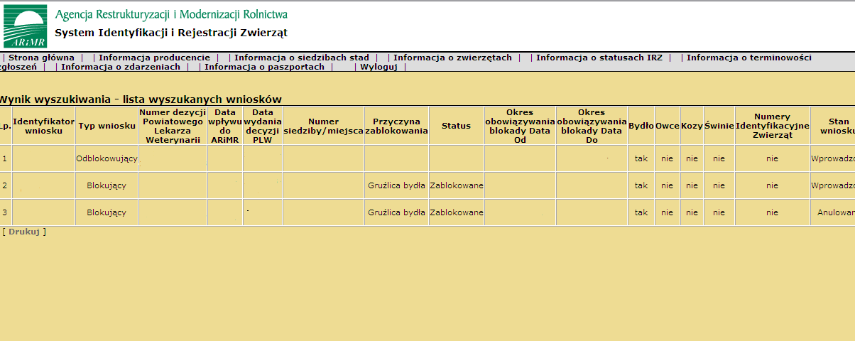 Rysunek 36. Wyszukiwanie wniosków Po wyszukaniu wniosków przeglądarka wyświetli informacje o wnioskach wprowadzonych dla wskazanych parametrów wyszukiwania (Rysunek 37). Rysunek 37.