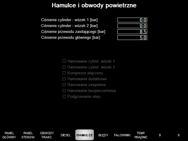 Panel silnika Diesla Po wciśnięciu przycisku (18) wyświetlacza diagnostycznego w trybie maszynisty, wyświetlane zostają parametry związane z silnikiem Diesla: Panel hamulców i obwodów