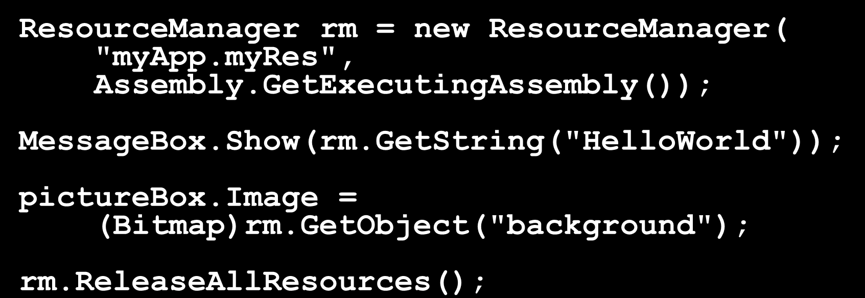 Wykład 5-24 Odczyt zasobów z poziomu kodu źródłówego ResourceManager rm = new ResourceManager( "myapp.myres", Assembly.