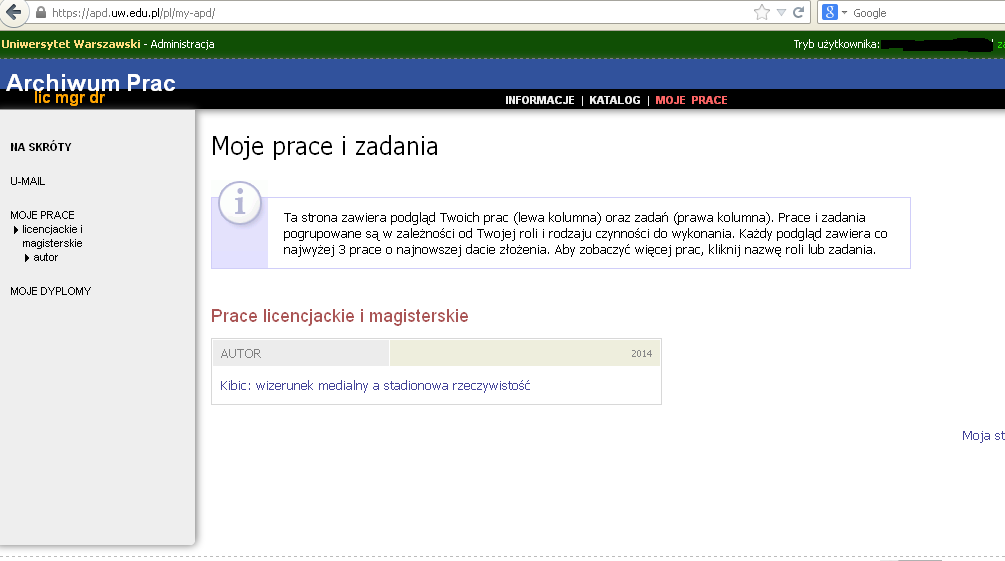 Etap 2: Student Załącznik do Zarządzenia 1) Przygotowanie pracy do archiwizacji Po zdefiniowaniu w USOS pracy przez sekretariat studiów student ma możliwość wgrania pracy w systemie APD.