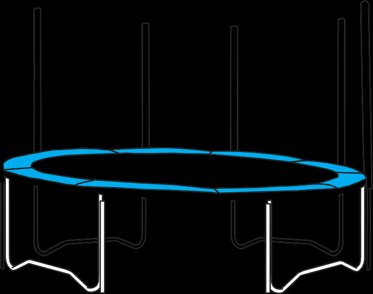 KROK 2: CZ - Připevněte podpěrnou tyč na nohu trampolíny pomocí dvou speciálních svorek, dvou vymezovačů a zabezpečte pomocí setu šroubů (2 svorky pro jednu tyč).
