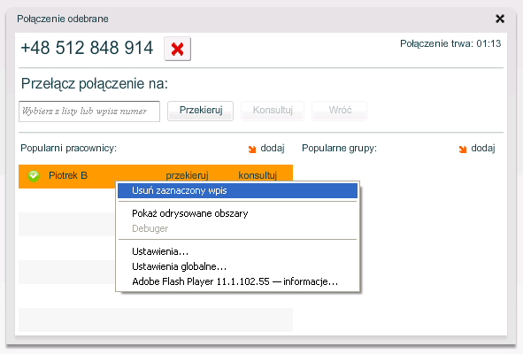 Rysunek 24. Usuwanie popularnego pracownika w Oknie rozmowy Okno rozmowy umożliwia także wyszukiwanie kontaktów spośród wszystkich wpisów.