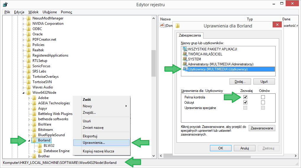 Należy nadać uprawnienia do klucza rejestru: Systemy 32 bitowe: HKEY_LOCAL_MACHINE\SOFTWARE\Borland\ Systemy 64 bitowe: HKEY_LOCAL_MACHINE\SOFTWARE\Wow6432Node\Borland\ W