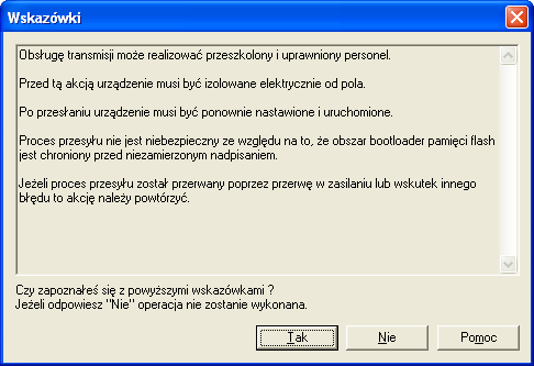Po zaakceptowaniu wyboru automatycznie zostanie uruchomiona aplikacja S&R-103 i pojawi się kolejne okno dialogowe: Wysłanie nowego modelu danych do urządzenia wiąŝe się z koniecznością skasowania