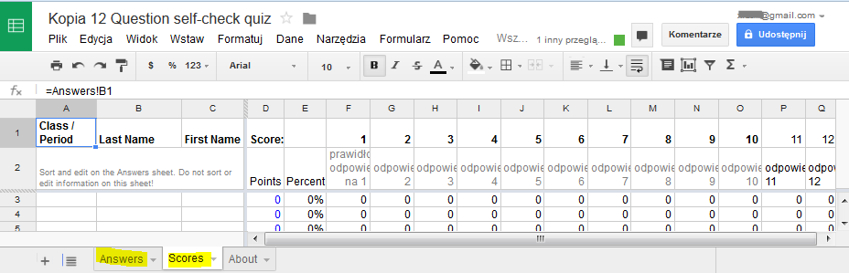 Wybierz przycisk Zobacz odpowiedzi / Arkusz kalkulacyjny Wpisz