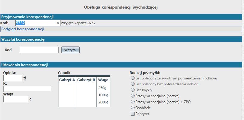 2. Przyjmowanie kopert przed rejestracją wysyłki W celu przyjęcia korespondencji wychodzącej przez punkt wysyłający przed zarejestrowanie w Rejestrze przesyłek wychodzących z poziomu klikamy.