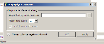 59 Wybierz Sieć jako lokalizację docelową; Podmapuj dysk sieciowy, na którym znajdują się archiwa: W tym celu należy wywołać okno mapowania dysku sieciowego, klikając odpowiedni przycisk; Kliknij