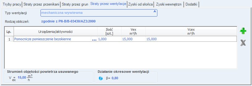 Opis obliczeń sezonowego zapotrzebowania na chłód na cele chłodzenia i wentylacji Rys 255. Zakładka straty na wentylację dla normy PN EN 13790:2008 wentylacja mech.