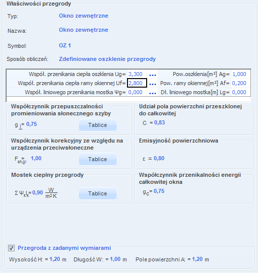 Opis obliczeń współczynnika przenikania ciepła U przegród GRUPA PRZEGRODY Z ZADANYMI WYMIARAMI zaznaczenie pola powoduje włączenie automatycznego wstawiania wymiarów przegrody (H - wysokości, W-