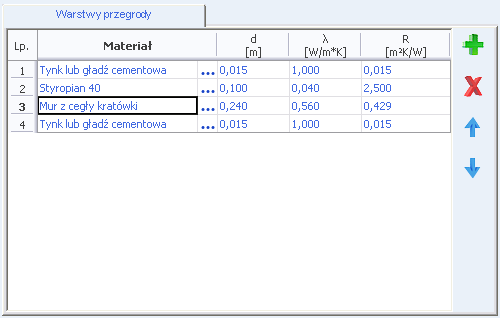 Opis obliczeń współczynnika przenikania ciepła U przegród ZAKŁADKA WARSTWY PRZEGRODY Tabelka warstwy przegrody służy do wstawiania poszczególnych warstw definiowanych przegród.