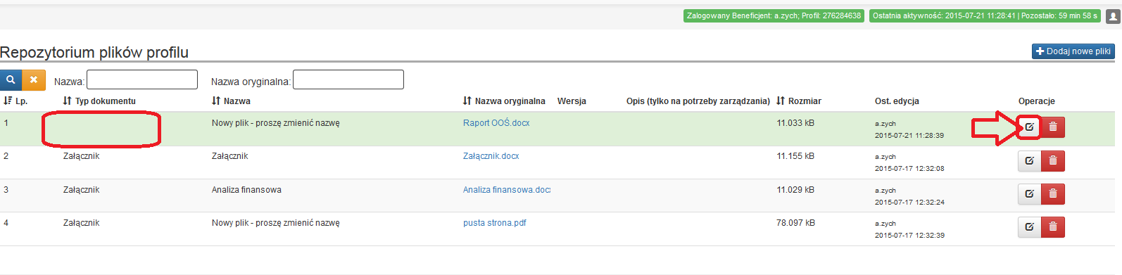 Repozytorium plików IV. Następnie należy edytować i wypełnić pola formularza każdego nowo dodanego dokumentu. Uwaga!