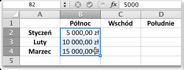 Wokół zaznaczonej komórki (B1) pojawi się ruchome obramowanie, a kursor zmieni się w mały pędzel i biały krzyżyk. Zaznacz komórki A2, A3 i A4.