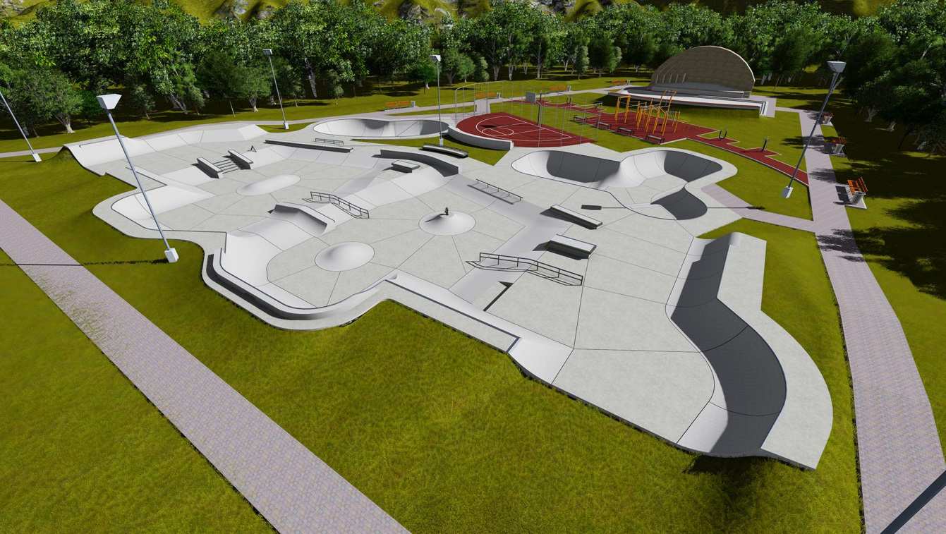 PRZYKŁADOWY SKATEPARK NR 143695 Powierzchnia: 1700 m 2 Obiekt dostosowany do dyscypliny: Deskorolka *** Rolki *** BMX *** Dostępne opcje: skatepark może zostać