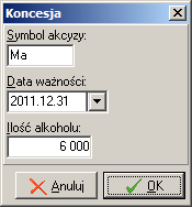 Dodawanie koncesji Dodając koncesję do listy ustalamy dla niej Symbol akcyzy (symbol typu akcyzy) symbol ten musi być zgodny ze słownikiem typów akcyzy w systemie Centrala.