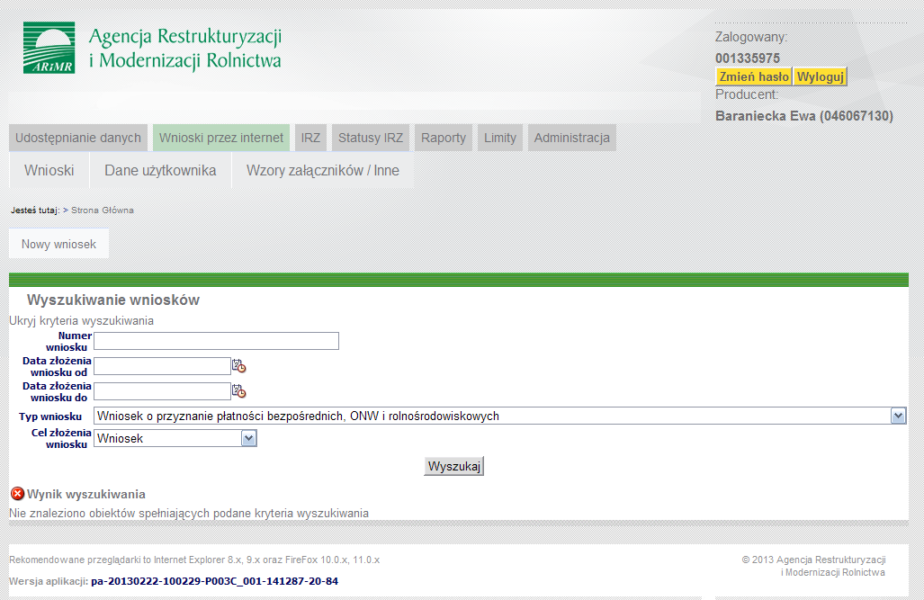 Po użyciu przycisku <Usuo> pojawi się komunikat wymagający potwierdzenia usunięcia wniosku (Ekran 21). Należy użyd przycisku OK.