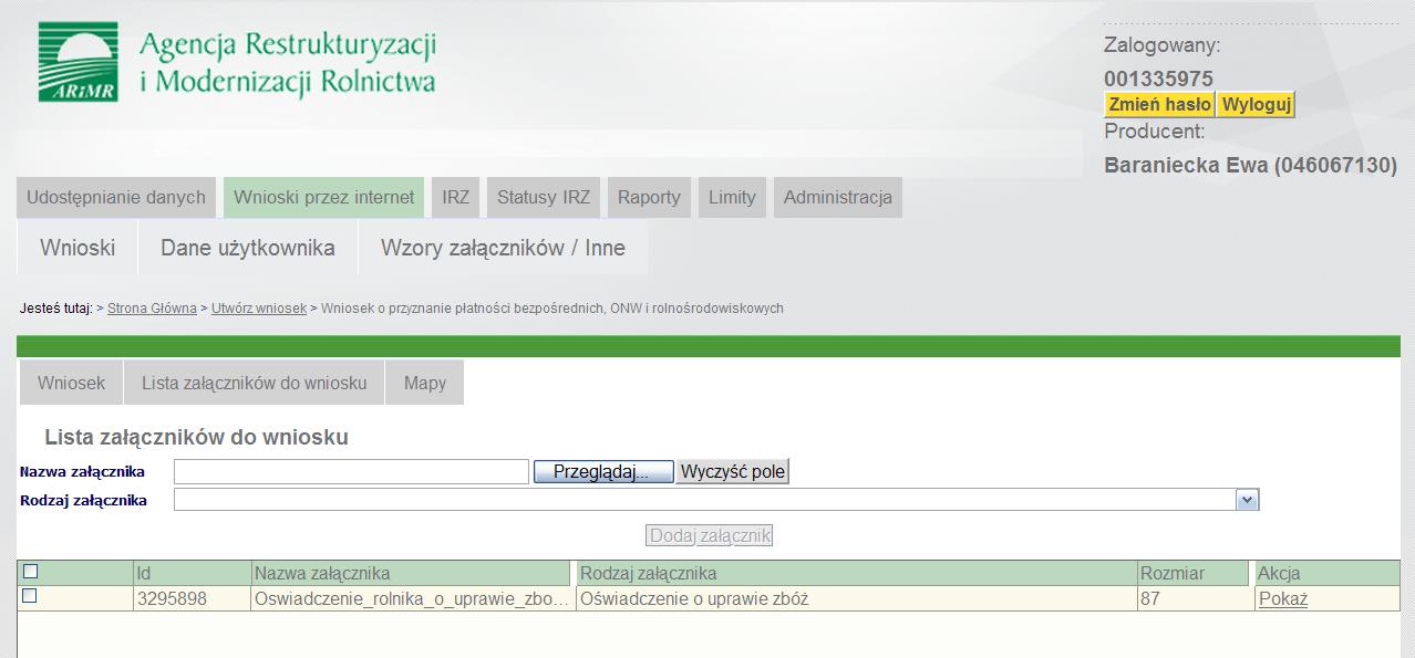 listy rozwijalnej, a także rozmiar wskazujący na wielkośd pliku i pole Akcja umożliwiające przegląd załączników po użyciu znajdującego się w tym polu przycisku <Pokaż> (Ekran 57).
