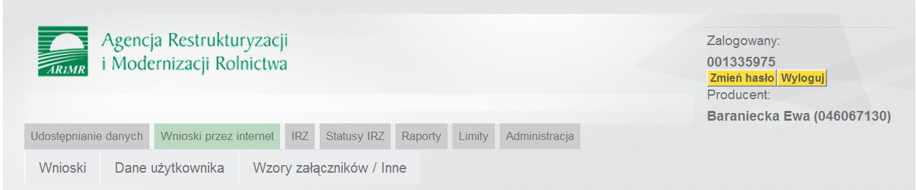 złożonych przez danego rolnika, Dane użytkownika wyświetla szczegółowe dane zalogowanego użytkownika, Wzory załączników/inne zawiera wzory załączników w wersji elektronicznej, które można dołączyd do