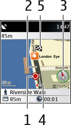 Sieć lub Internet 31 3 Kompas Widok nawigacji pieszej 1 Twoja lokalizacja 2 Wytyczona trasa 3 Kompas 4 Twoja wytyczona trasa pokazuje przebytą drogę.