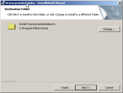 3. W następnym oknie należy wybrać, do jakiego katalogu program ma być zainstalowany (przycisk Change ). Można zostawić domyślą lokalizację: C:\Program Files\Ocena i kliknąć przycisk Next. 4.