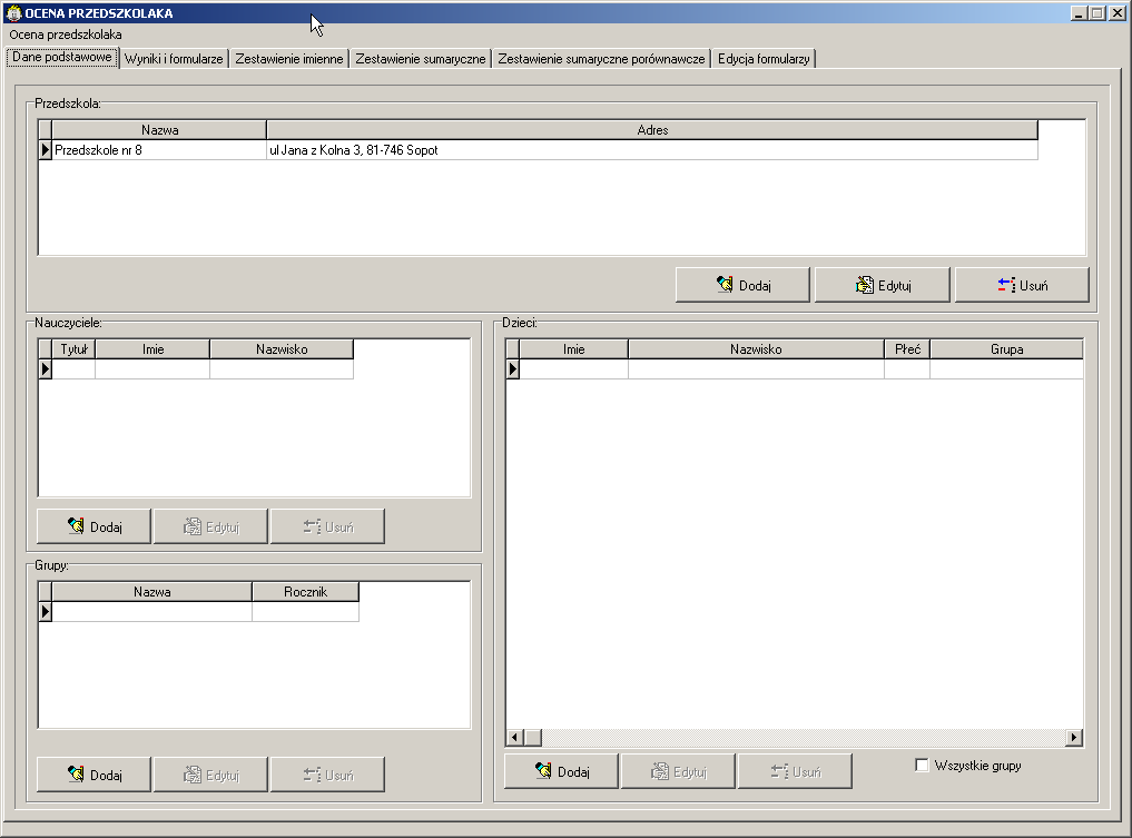 Okno zawiera: menu Ocena Przedszkolaka zakładki: Dane podstawowe Wyniki i formularze Zestawienie imienne zestawienie sumaryczne Zestawienie sumaryczne porównawcze Edycja formularzy Panel