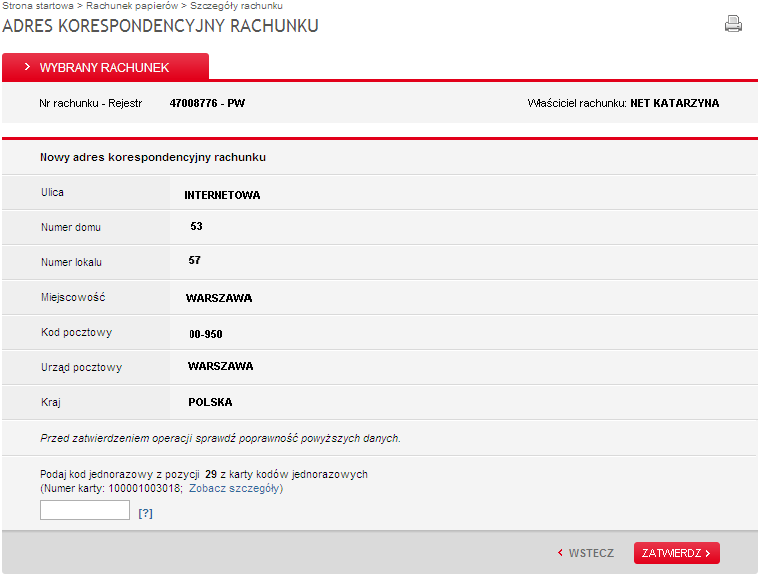 Rys. 8.3 - Zmiana adresu korespondencyjnego rachunku Sekcja Aneksy i umowy - prezentuje zakres oraz status podpisanych aneksów i umów do rachunku.